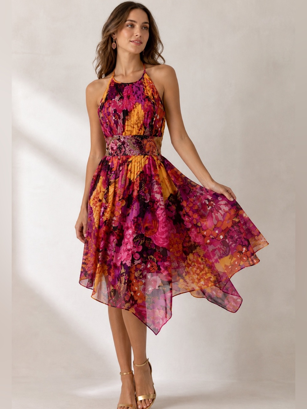 Aidan Mattox Silk Halter Dress Floral Beaded Waist Handkerchief Hem Size 2